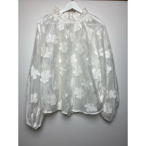 H&M White Floral Jacquard Sheer Blouse